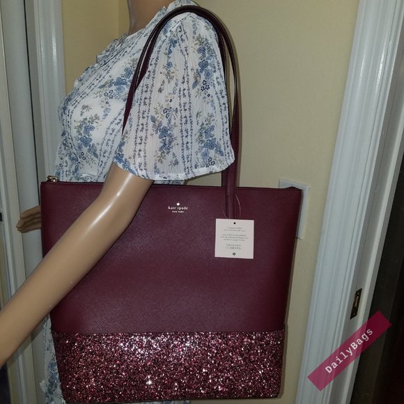 KATE SPADE PENNY GLITTER GRETA TOTE CHERRYWOOD - Picture 3 of 10